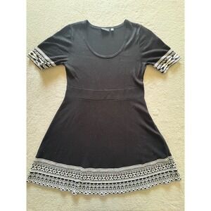 Nina Leonard Black White Geometric Border Knit Dress Women's Large Short Sleeve